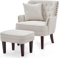 GERICCO Accent Chair with Ottoman Set, Club Armchair Indoor, Comfy Reading Chair and Ottoman for Bedroom Living Room, with Bronzer Nail Head Trim Wooden Legs(Beige)