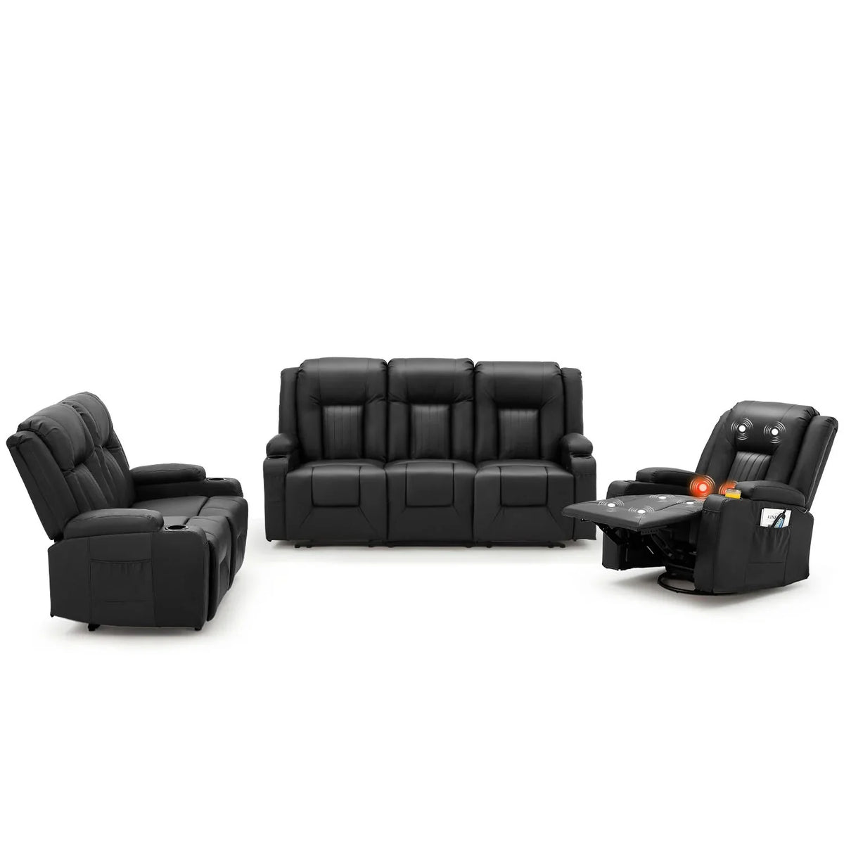 AECOJOY 3 Pieces Leather Recliner Sofa Set with Swivel Massage Chair, Black